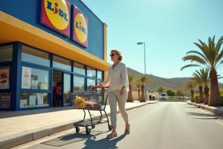 Façade extérieure d'un supermarché Lidl en Corse du Sud avec une cliente et son caddie sous un ciel ensoleillé