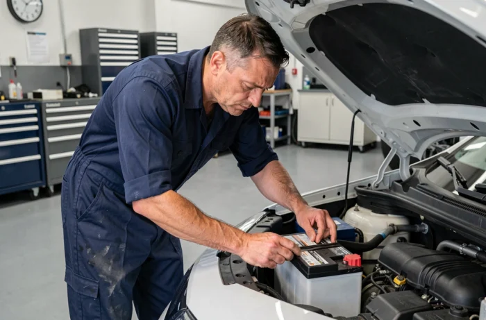 Technicien automobile inspectant la batterie dans le compartiment moteur d'un SUV blanc similaire au Renault Austral
