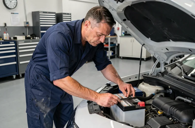 Technicien automobile inspectant la batterie dans le compartiment moteur d'un SUV blanc similaire au Renault Austral