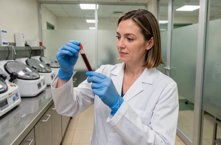 Technicienne de laboratoire médical examinant un échantillon sanguin dans un laboratoire d'analyse moderne au Cannet des Maures
