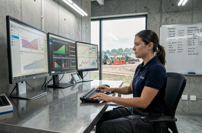 Technicienne agricole surveillant les données de télémétrie et de gestion de flotte sur des écrans dans une salle de contrôle moderne