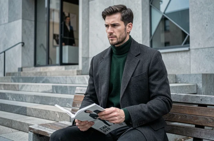 Homme en manteau gris charbon et col roulé vert forêt assis devant une galerie moderniste, tendances mode masculine hiver