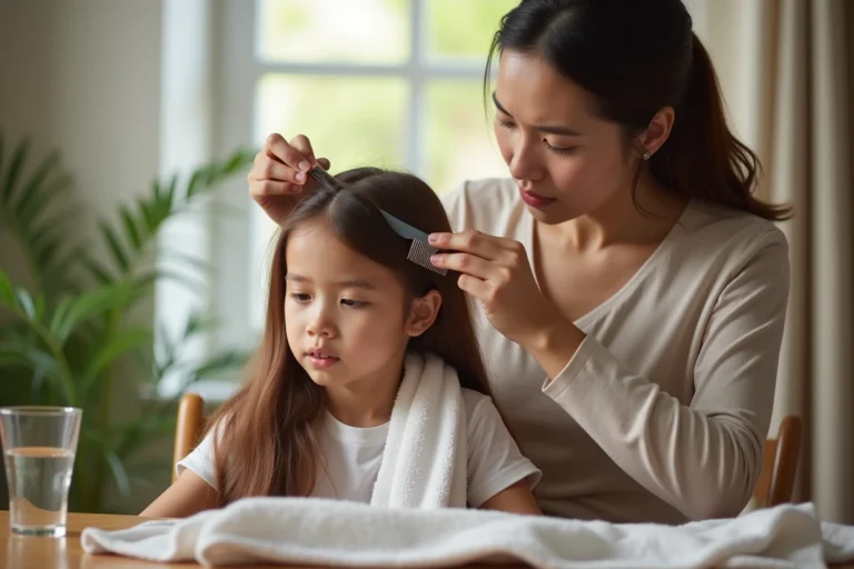 Mère utilisant un peigne anti-poux à dents fines pour traiter les cheveux de sa fille, méthode naturelle d'élimination des poux