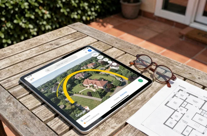 Tablette affichant une simulation de trajectoire du soleil sur Google Maps posée sur une table de jardin pour évaluer l'ensoleillement d'un terrain