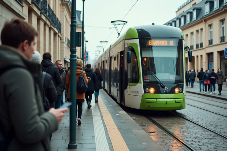 Tram ligne 2 à Nantes s'arrêtant à un arrêt du centre-ville avec des passagers qui montent à bord