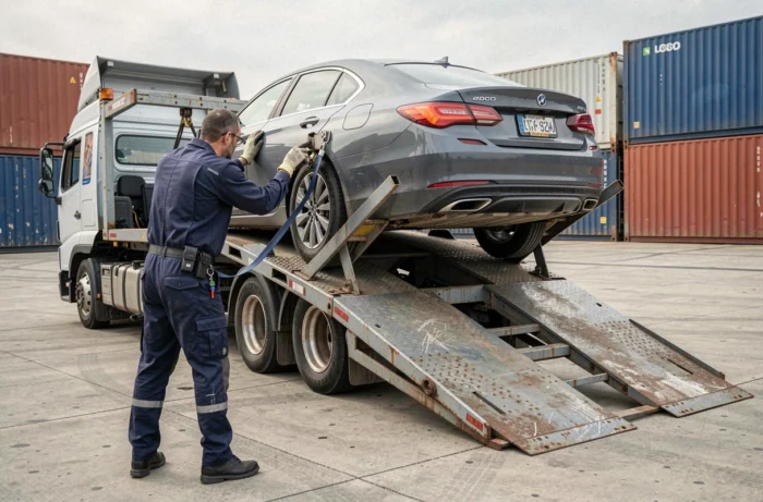 Professionnel du transport automobile sécurisant une voiture sur un camion porte-voitures dans un parc logistique industriel