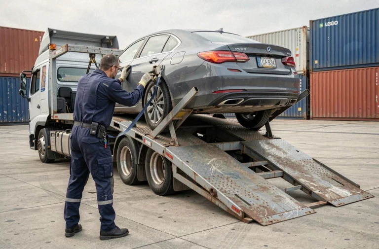 Professionnel du transport automobile sécurisant une voiture sur un camion porte-voitures dans un parc logistique industriel