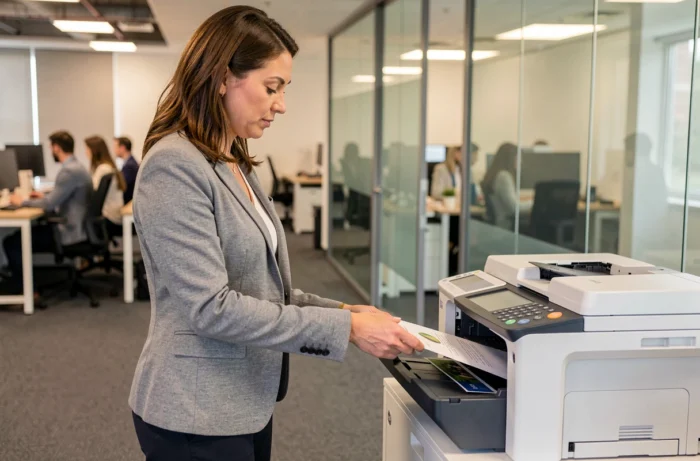 Femme professionnelle récupérant un document imprimé en couleur sur une imprimante HP LaserJet Pro MFP M280nw en bureau partagé