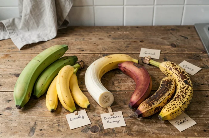 Sélection de variétés de bananes étiquetées sur un comptoir en bois, comparaison pour le sport et la nutrition