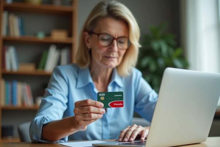 Femme consultant un relevé bancaire en ligne avec une carte La Banque Postale à la main