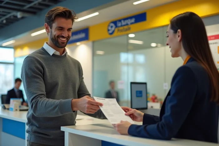 Client effectuant un virement bancaire au guichet de La Banque Postale