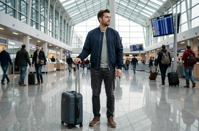 Homme voyageant seul dans un aéroport international avec valise à roulettes et tableau des départs en arrière-plan