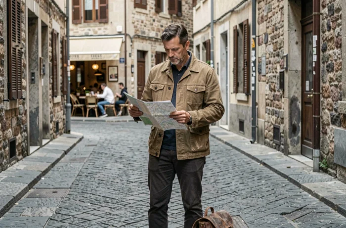 Voyageur consultant une carte papier dans une ruelle pavée d'une vieille ville européenne lors d'une exploration urbaine