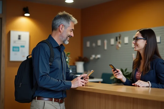 Homme voyageur solo négociant son hébergement à la réception d'un hôtel budget, smartphone en main avec une application de réservation