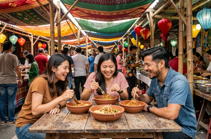 Groupe de voyageurs dégustant de la street food dans un marché animé en Asie du Sud-Est lors d'un voyage culturel
