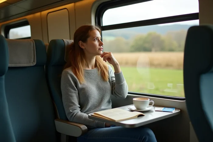 Femme voyageant seule en train, regardant le paysage par la fenêtre avec un guide de voyage et un billet posés sur la tablette