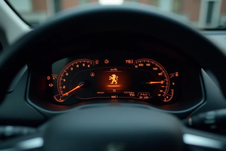 Tableau de bord d'un Peugeot 5008 avec voyants orange allumés sur le combiné d'instruments numérique