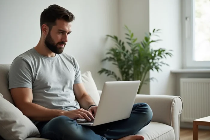 Un homme complétant une demande de prêt personnel en ligne sur son ordinateur portable via Younited Credit